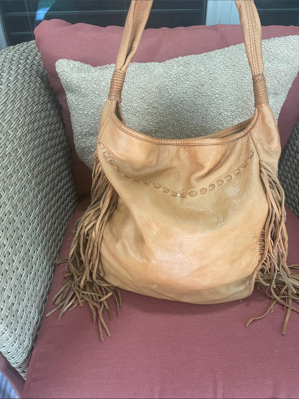 Margot Leather Fringe Hobo Shoulder Bag in Tan